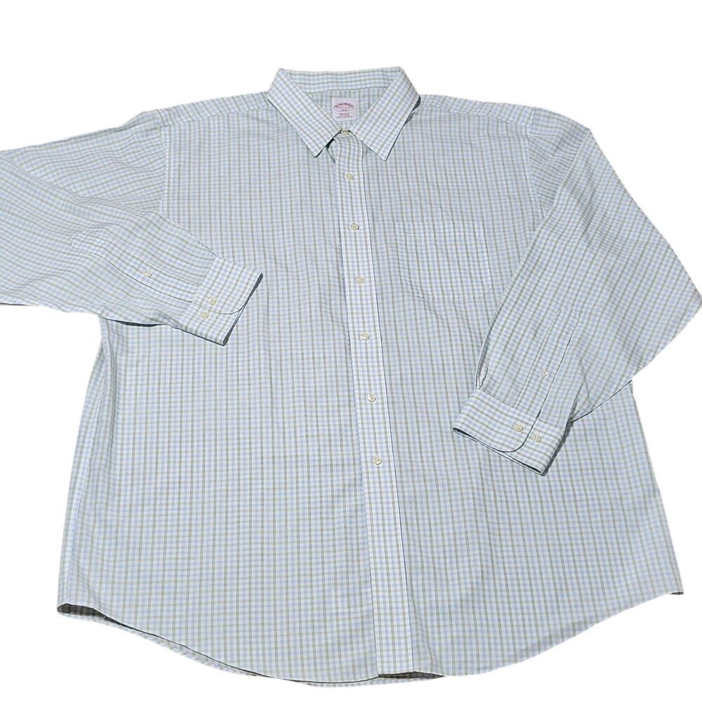 Brooks Brothers Shirt Mens 17.5 34/35 Green Check Non Iron Long Sleeve